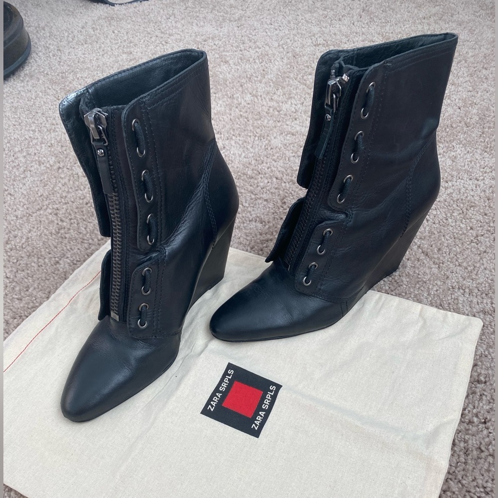 Zara SRPLS Real Leather High Wedge Black Ankle Boots Booties Zip Size 8 / 39 - Picture 3 of 16